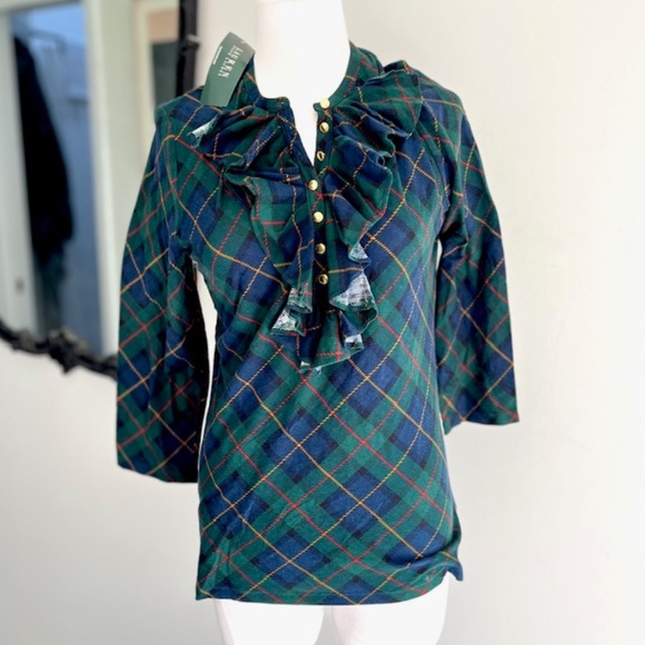 Ralph Lauren Green Tartan Ruffle Shirt Size Large NWT - Picture 1 of 9